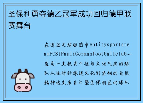 圣保利勇夺德乙冠军成功回归德甲联赛舞台